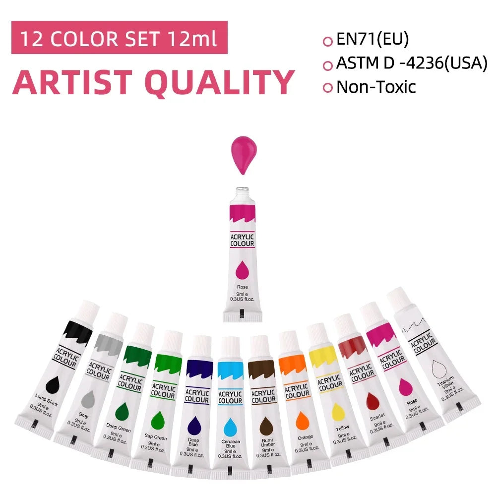 12 Color Acrylic Paint Set 9ml Tubes Waterproof Art Supplies for Beginner Artists DIY Painting on Canvas Wall Art Craft Projects