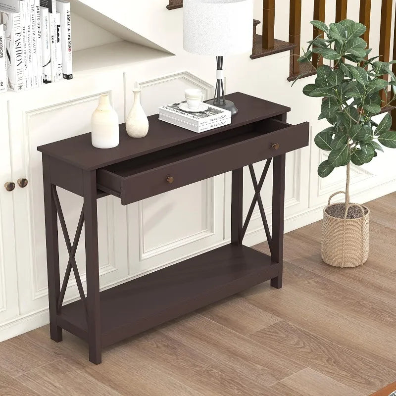 Black Console Table with Drawer and Storage Shelves, Foyer Sofa Table Narrow for Entryway, Living Room, Hallway