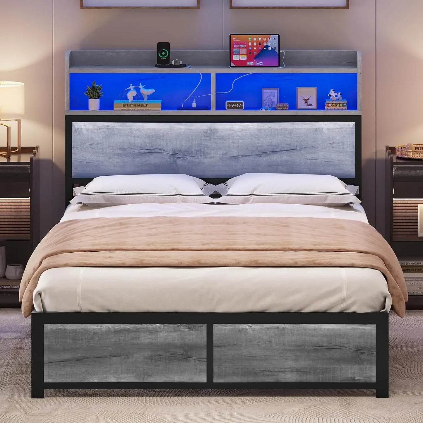 King Size Bed Frame,LED Bed Frame with Headboard,USB Port Charging Outlets,Metal Platform Bed Frame with 2 Tiers Storage Shelves