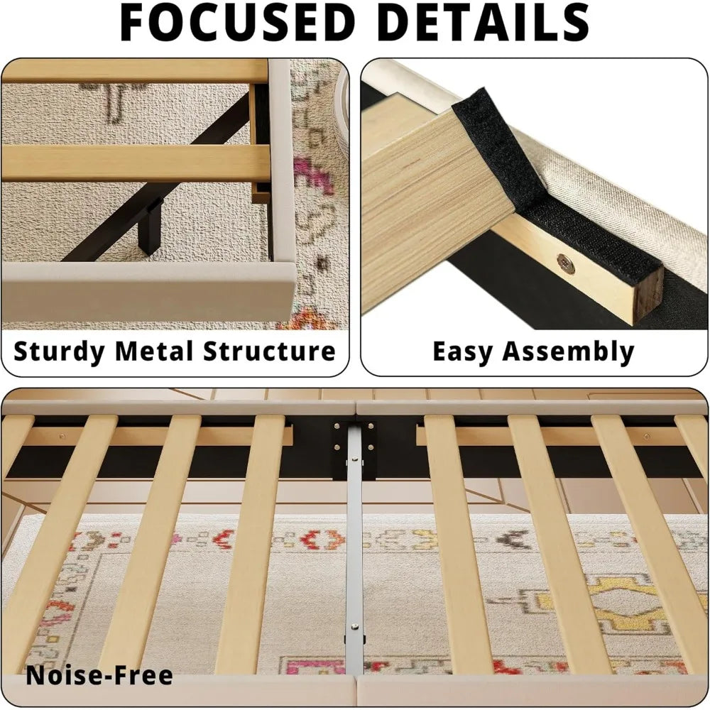 Floating Bed Frame, Tall Bookcase Headboard with Charging Station, Solid Wood Slats Support, No Box Spring Needed, Bed Bases