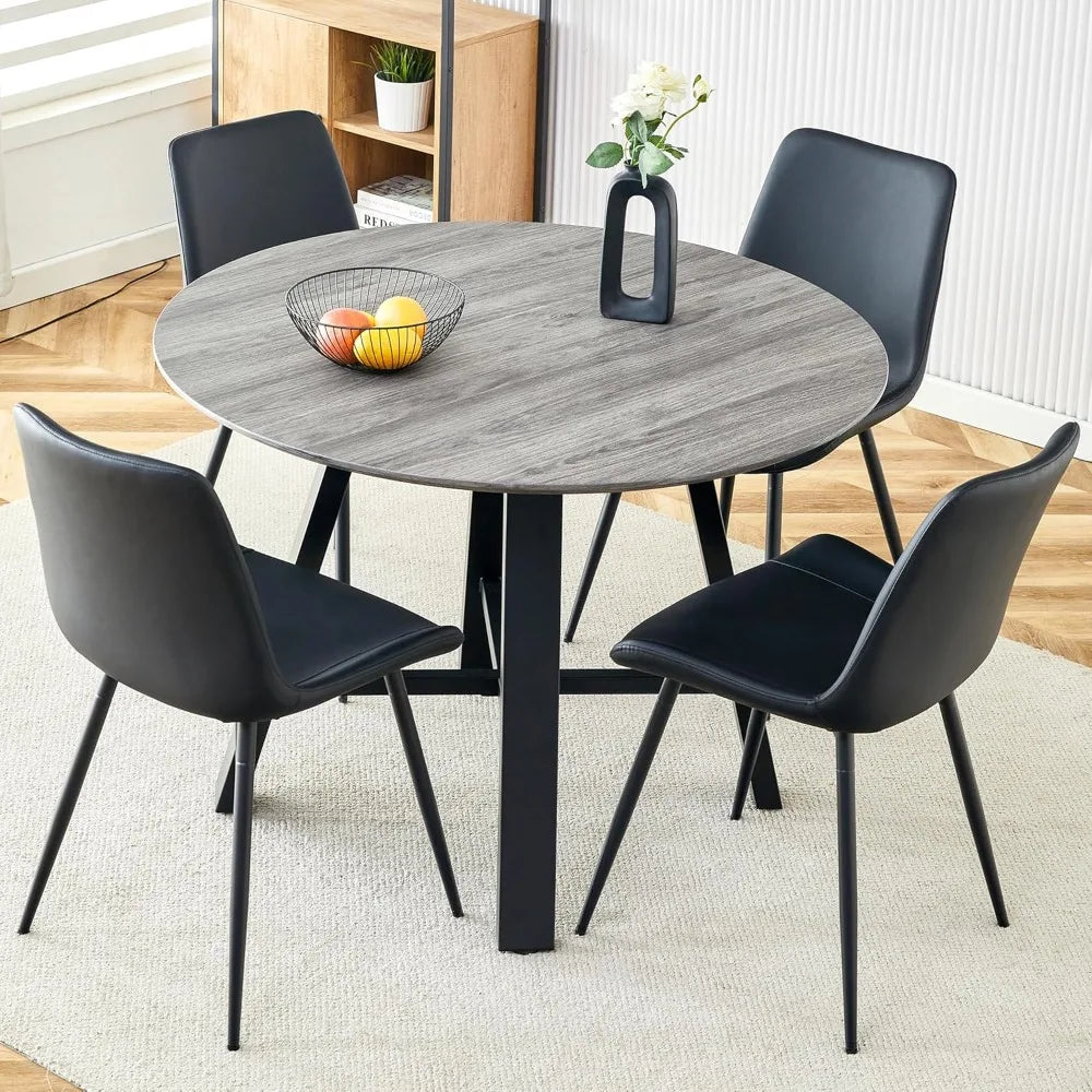 Round Dining Table Set,Modern Kitchen Dinings Tables andChairs Set for4,Upholstered PU Leather Chairs,Wood Dining Furniture Sets