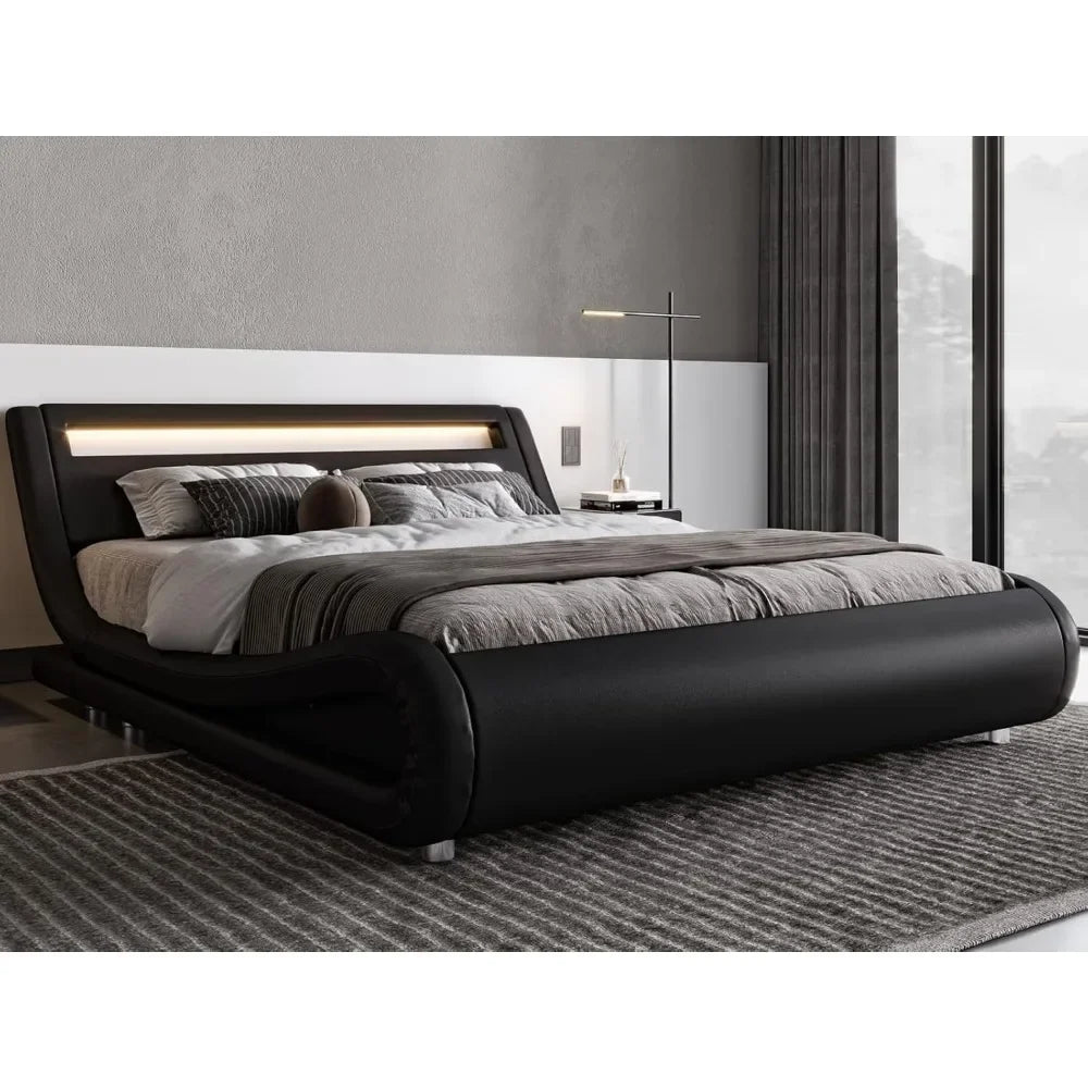 Full Size LED Platform Bed Frame with Adjustable Headboard/No Box Spring Need/Easy Assembly/Faux Leather in Black bedstead