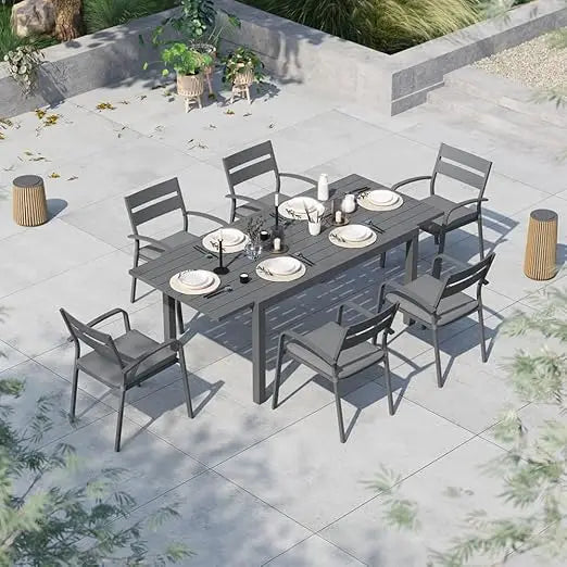 7-Piece Outdoor Patio Dining Set, Aluminum Expandable Outdoor Dining Table, 6 Stackable Chairs ,Garden Furniture Sets