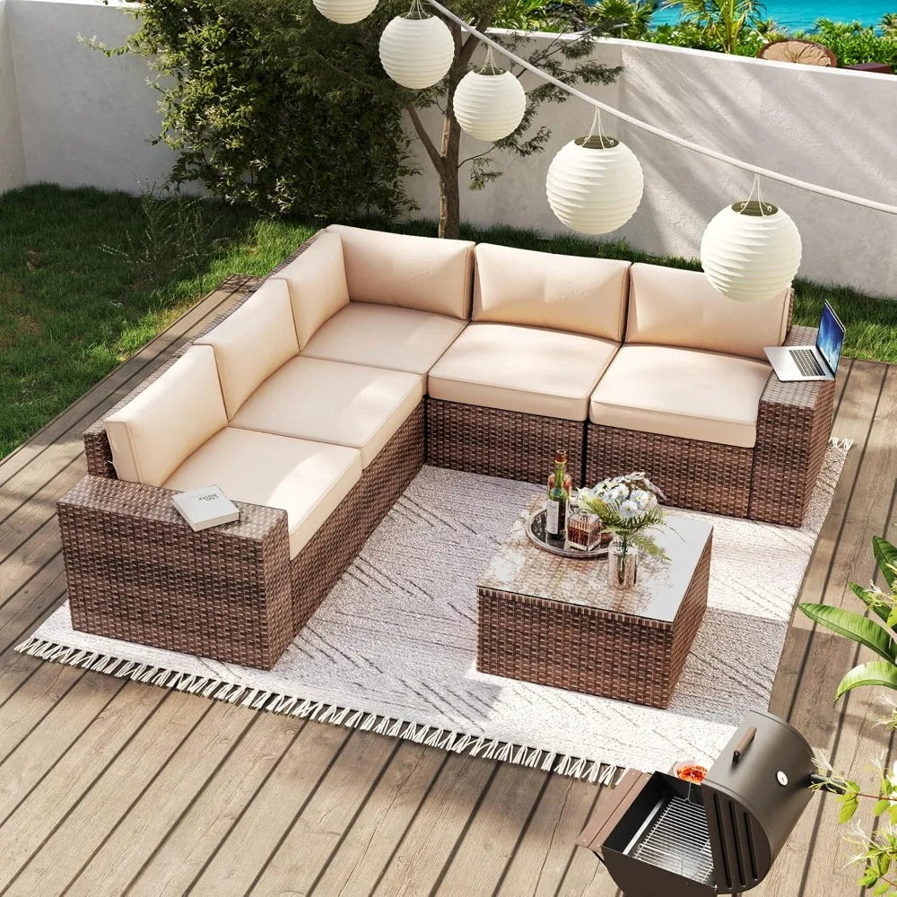 6 Pieces Patio Furniture Set, Outdoor Wicker Rattan Sectional Sofa for Patio, Garden, and Poolside, Garden Furniture Sets