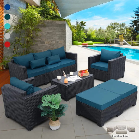 Patio Furniture Set, Chairs Coffee Table Peacock Blue Anti-Slip Cushions and Waterproof Covers,6 Pieces Outdoor Couch