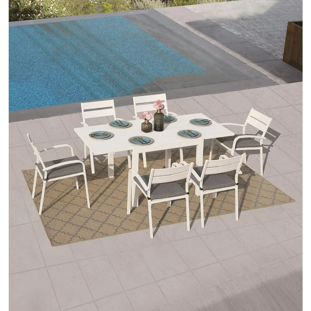 7-Piece Outdoor Patio Dining Set, 6 Stackable Chairs with Gray Removable Cushions, Aluminum Expandable Outdoor Dining Table Set