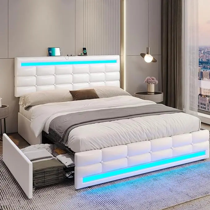 Queen Size Bed Frame with LED Upholstered Platform and Storage Drawers, USB Ports, Dark Grey Bed Frame