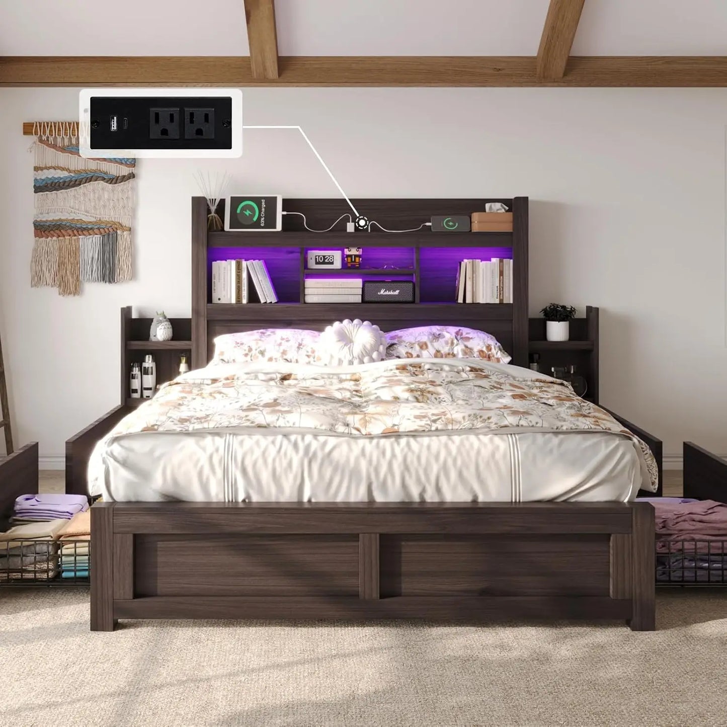 Queen Bed Frame with Bookcase Headboard & 2 Bedside Stoage Racks & 4 Drawers, Wood Bed Frame with RGB LED & Charging Station