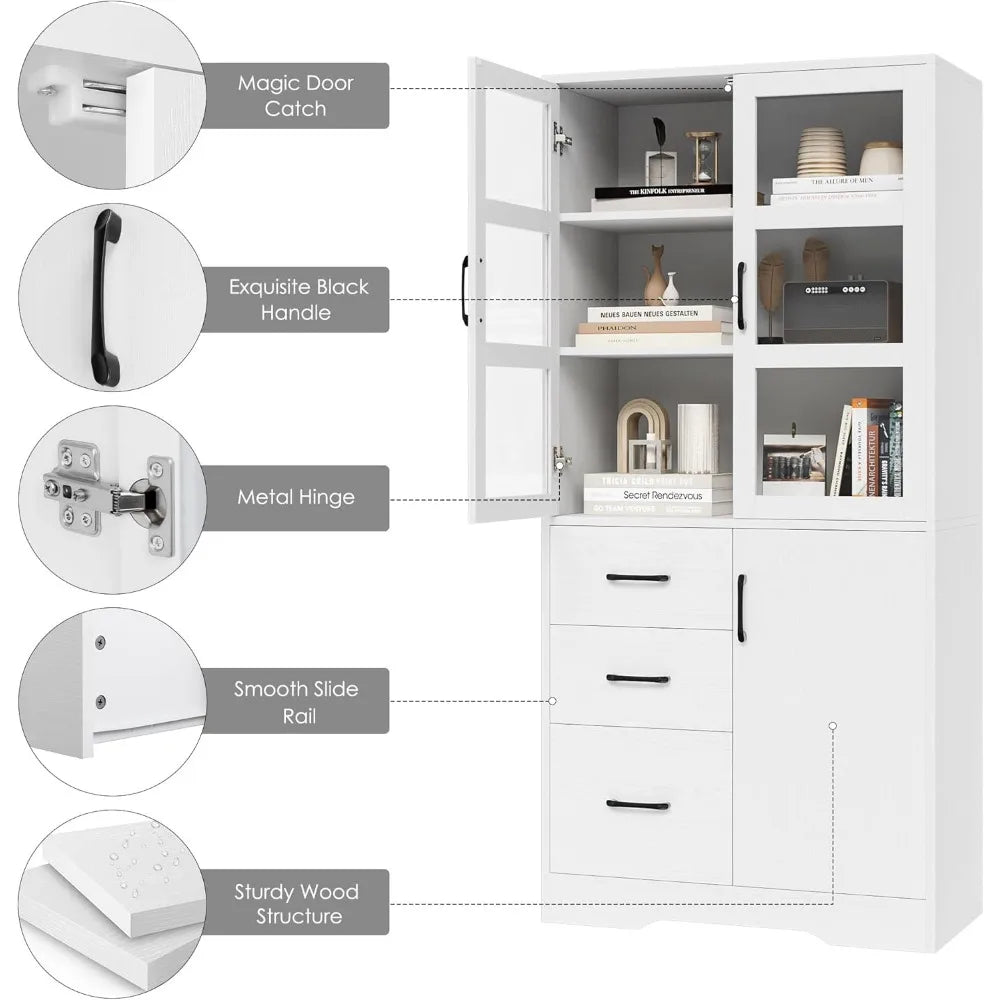 Tall Bathroom Storage Cabinet with Glass Display Doors and Shelves, 67” Modern Tall Cabinet with 3 Drawers,