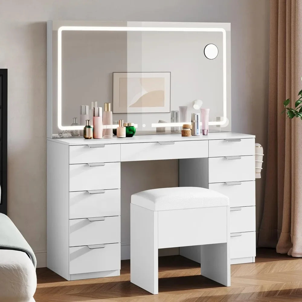 Wooden Makeup Vanity Desk Set with XL LED Mirror and Power Outlets with Storage Bench and Magnifying Glass for Bedroom dresser