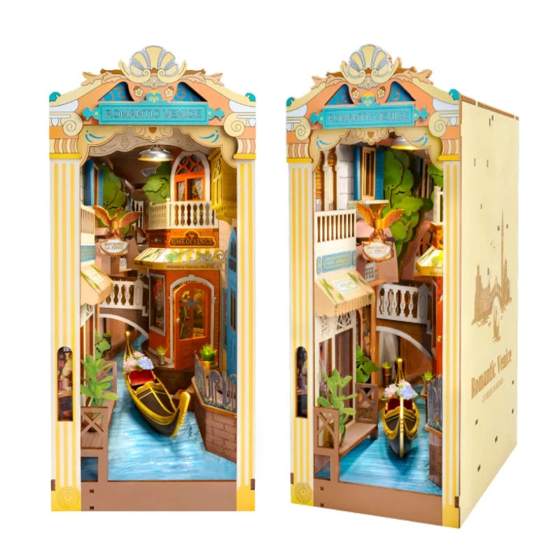 Robotime Book Nook Kits Romantic Venice with LED Lights 3D Wooden Puzzle Bookend Bookshelf Miniature House Kit for Adults