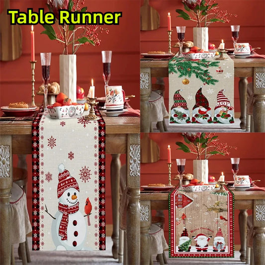 Christmas Table Runner Christmas Tree Santa Claus Printing Linen Tablecloth for Kitchen Decoration Tableware Mat Supplies Decor