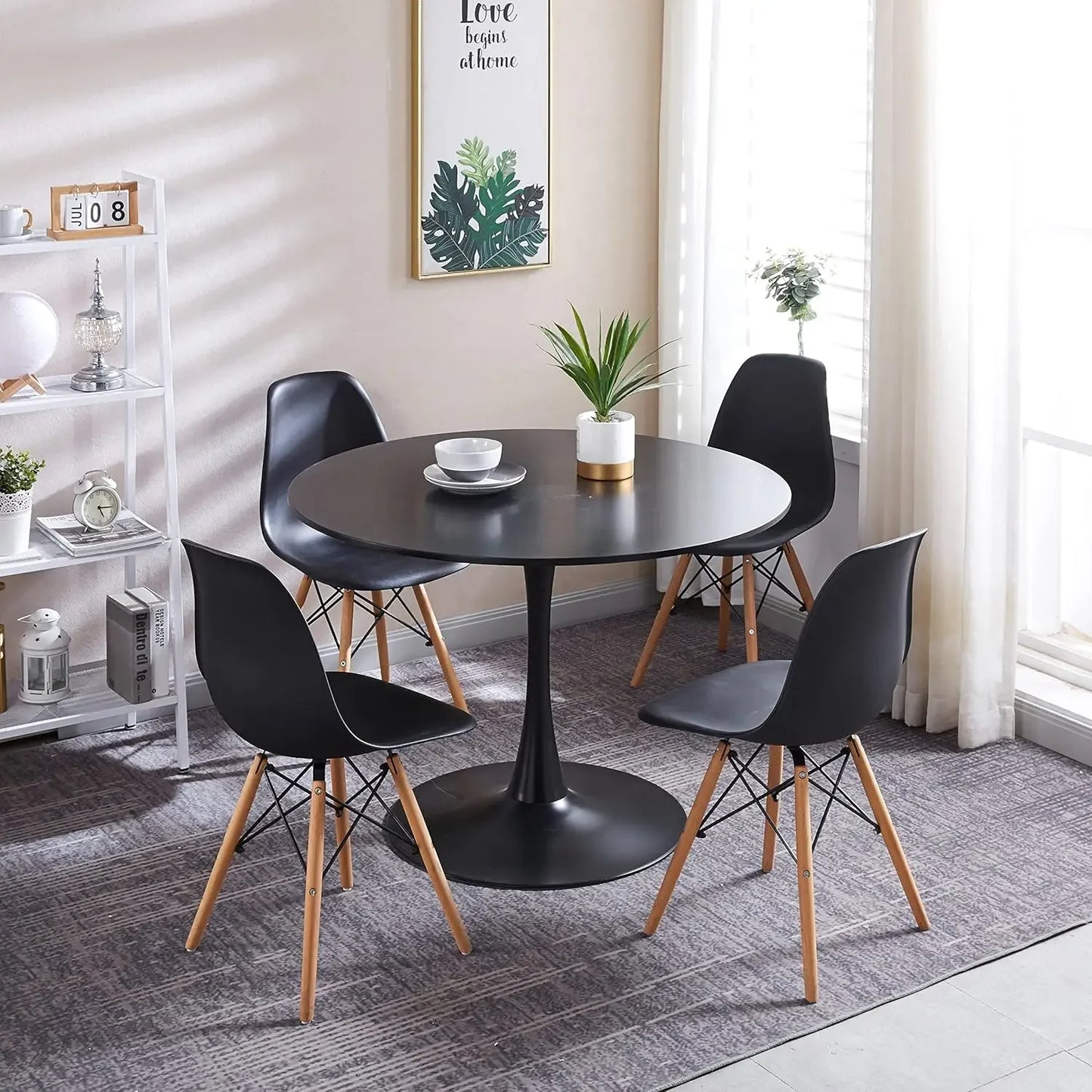 Round Dining Table Set for 4, 5-Piece Farmhouse Dining Table with 4 Chairs for Dining Room & Coffee Shop & Small Spaces