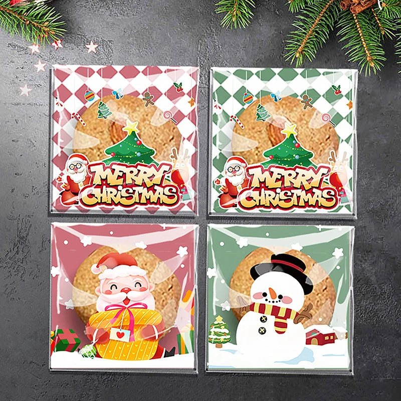 100Pcs Christmas Gift Bag Self Adhesive Cookies Candy Wrapping Bag New Year Party Gift Snack Baking Plastic Bag