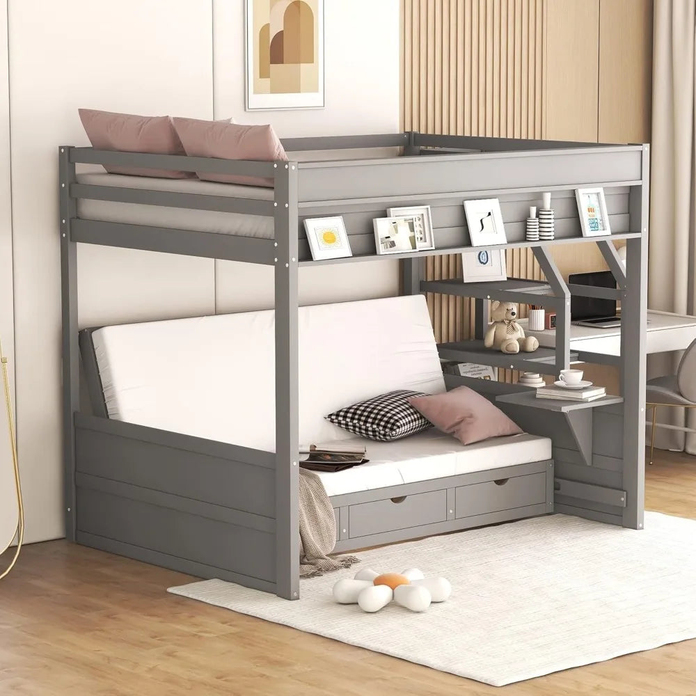 Bunk Bed, with Couch ,Convertible Bunks Beds Full Size with Stairs ,Bedside Table & 3 Drawers ,Wood Futon Bunk Bed Frame