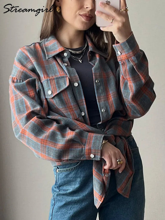 Vintage Oversize Plaid Shirt For Women Long Orange Plaid Tops Oversized Blouse Orange Women' s Loose Plaid Shirts Long Sleeve