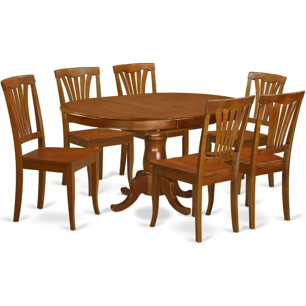 Portland 7 Piece Set Consist of an Oval Dining Room Table with Butterfly Leaf and 6 Wood Seat Chairs, 42x60 Inch, Saddle Brown