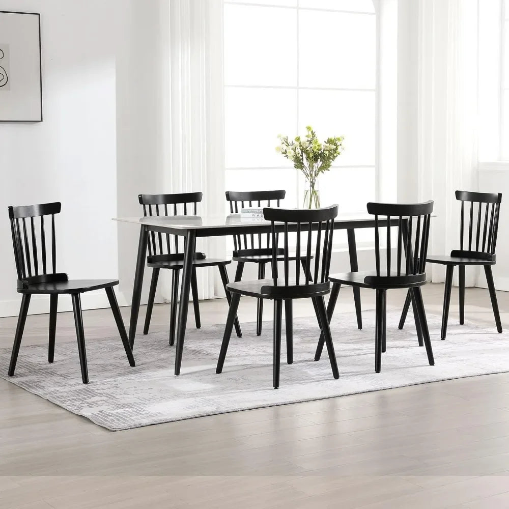 6 Pc Dining Chair Set, Farmhouse Solid Wood Spindle Back Side Chair Mid-Century Modern Black Armless Kitchen Chair