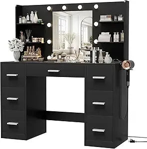 Vanity Desk with Mirror, LED Lights and Power Outlet Makeup Vanity Table with 7 Drawers and 6 Storage Shelves Dressing Table