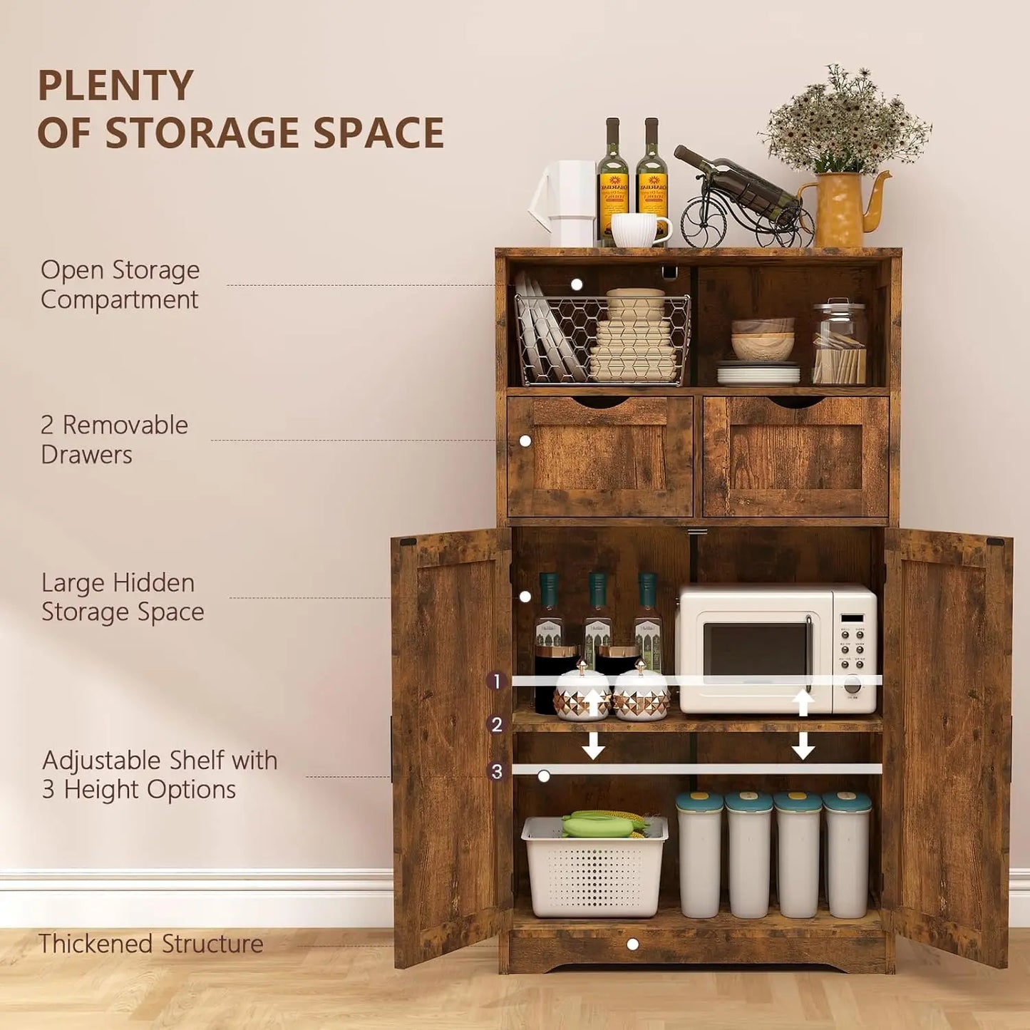 Cabinet with 2 Adjustable Drawers & 2 Barn Doors, Floor Cabinet, Freestanding Cupboard with Adjustable Shelf, for Living Room