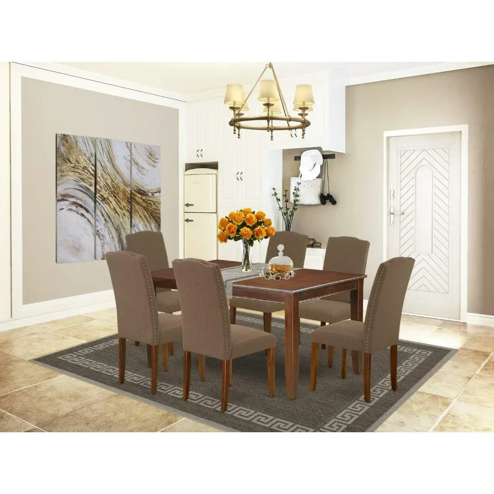 7Piece Set Consist of a Rectangle Dining Room Table and 6 Dark Coffee Linen Fabric Upholstered Parson Chairs,36x60 Inch,Mahogany