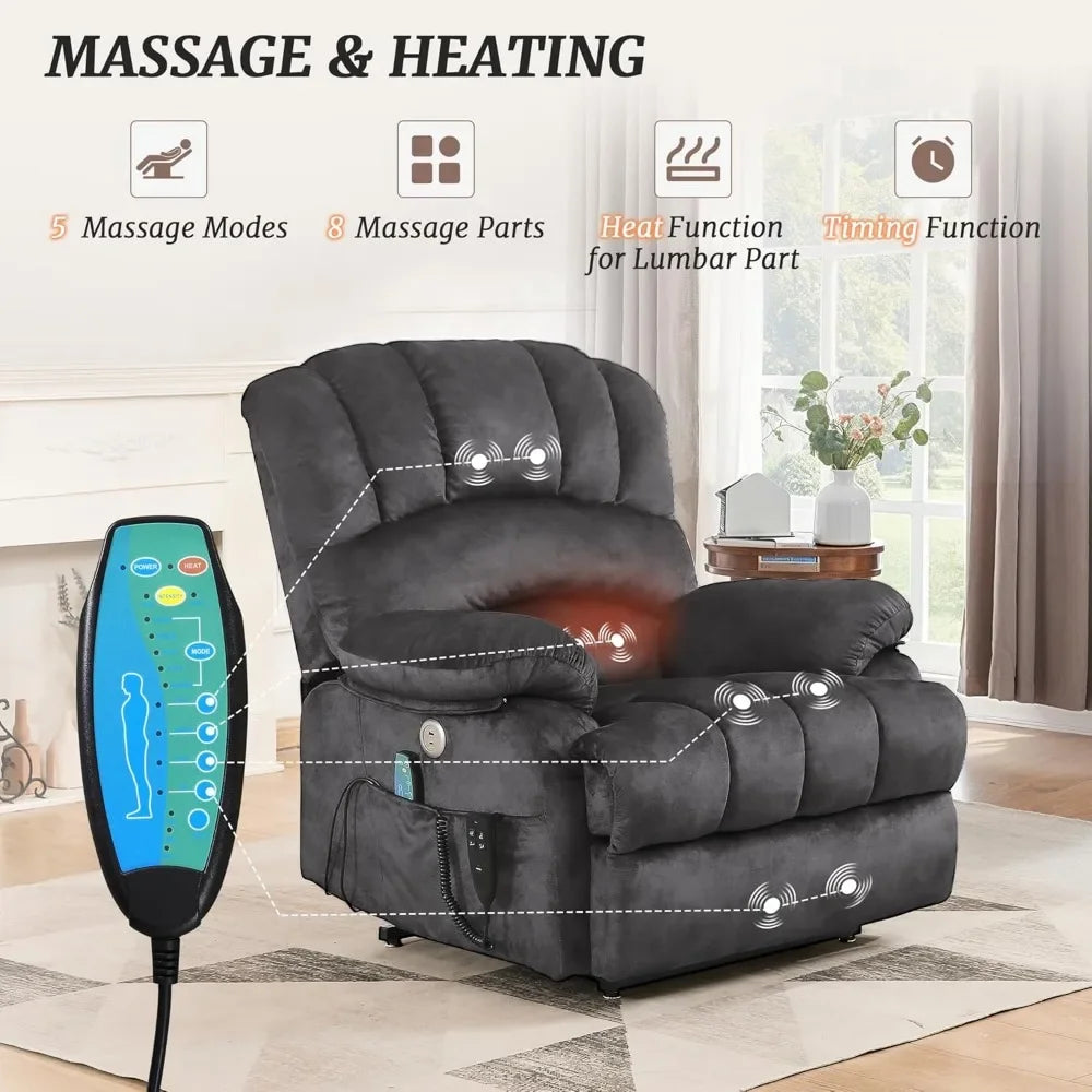 Recliner Chair for Adults, Dual Motor Oversized Chair, Power Lift Recliner Chair with Heating and Massage, Living Room Chairs