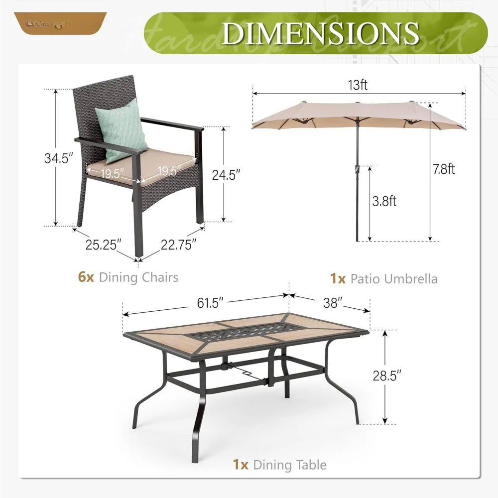 7 Pieces Outdoor Patio Dining Set, with13ft Umbrella ,Cushioned Rattan Chairs Set with Patio Umbrella, Outdoor Dining Table Sets