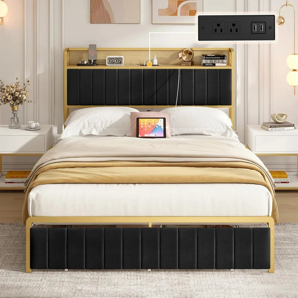 Bed Frame with Motion Activated Light, LED Platform Bed with Integrated Drawer and Storage Headboard Charging Station, Bed Bases