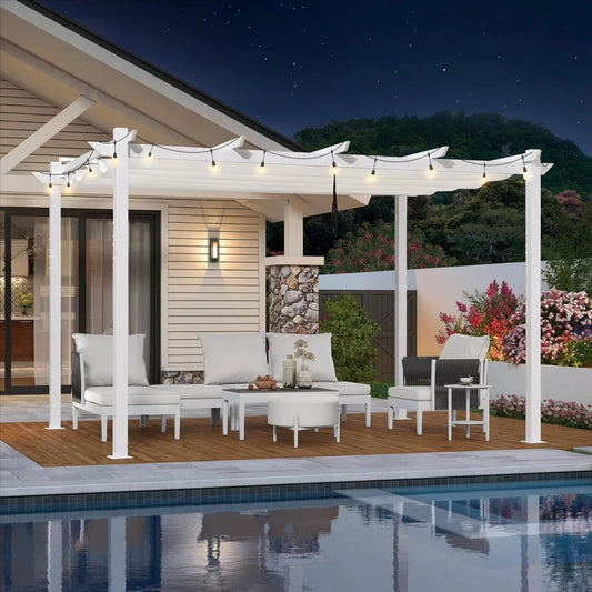 10x 13Outdoor Aluminum Pergola,Patio Metal Pergola with Double Sun Shade Canopy and String Lights,Heavy-Duty Retractable Pergola