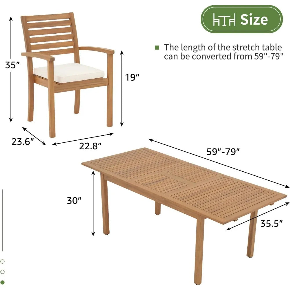 7 Piece Patio Dining Set, Extendable Rectangular Table and 6 Stackable Chairs, Outdoor Acacia Wood Furniture Set