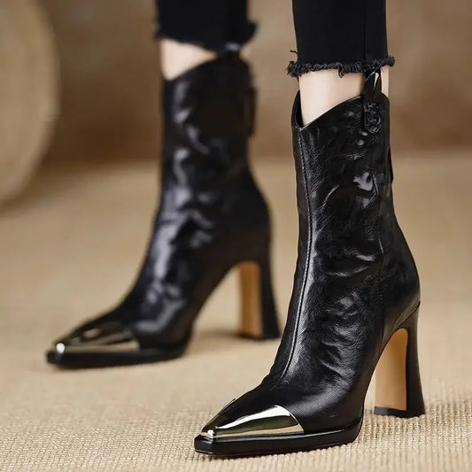 Vintage Brown Women Ankle Boots Fashion Elegant Zippers Shoes Autumn Winter Square Heel Laides Stretch Modern Short Booties