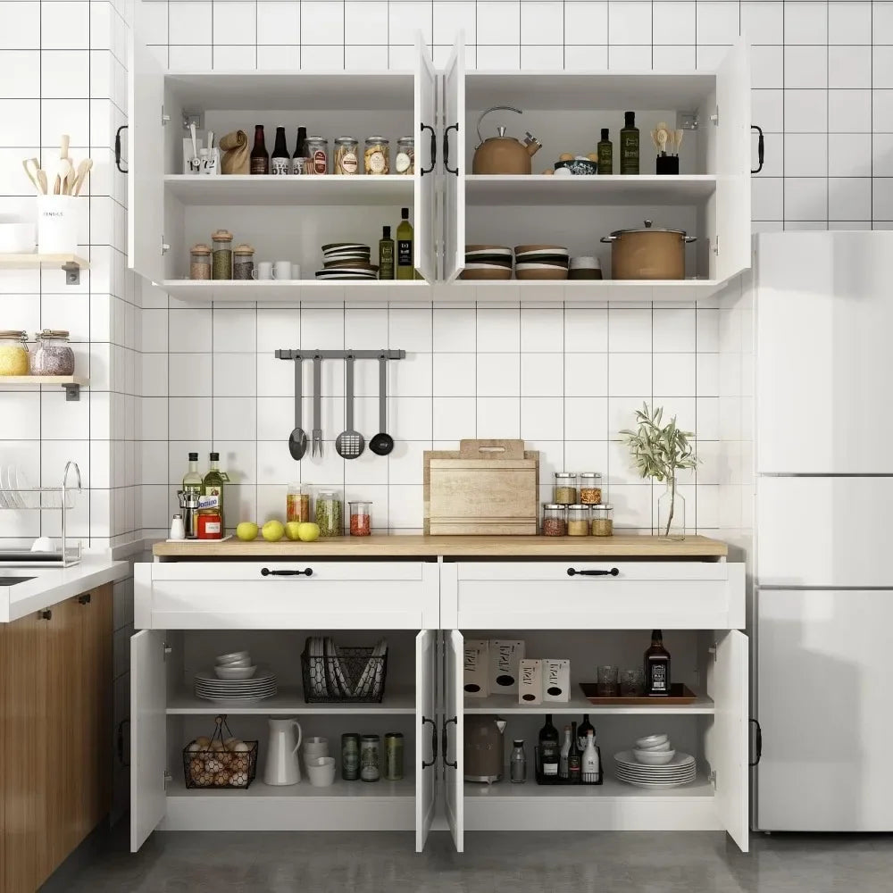 Wall-Mounted Kitchen Pantry Storage Cabinet with Countertop,Pantry Cabinet with Drawers Doors, Wall Cabinet for Kitchen