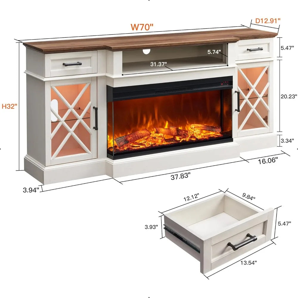 TV Stand, 70'' Entertainment Center Stand with 36" 3-Sided Glass Electric Fireplace, with 2 Drawers & 2 Storage Cabinet