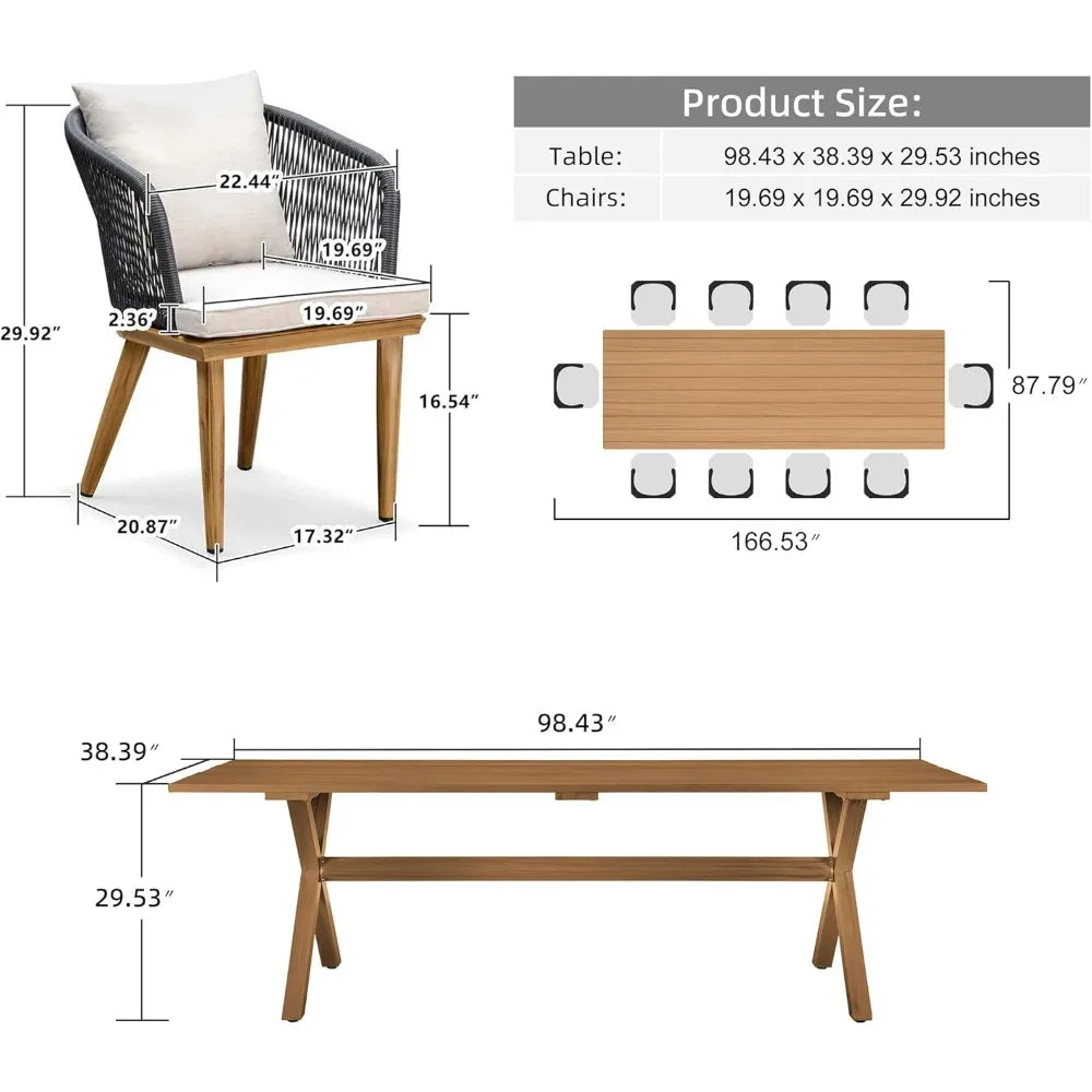 11 Pieces Patio Dining Set, for Garden Deck Teak-Finish Aluminum Frame Backyard Kitchen Set, Wicker Outdoor Furniture Sets