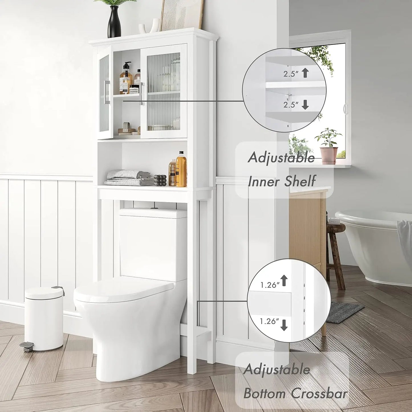 The Toilet Cabinet for Bathroom Storage, Above Toilet Storage Cabinet with Tempered Glass Doors, White