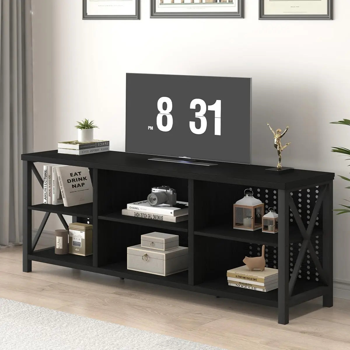 TV Stand for 75 Inch TV, Long Modern Wood Entertainment Center, Large Industrial Television Stands with Storage, Metal Media