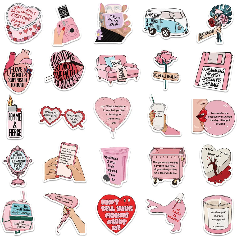 50pcs Aesthetic Cartoon Pink Motivational Stickers Positive Inspirational Stickers For Laptop Luggage Guitar Waterproof Decals