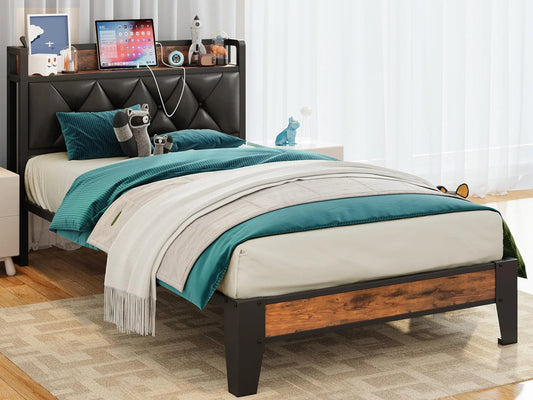 ANCTOR Bed Frames, Twin Queen CaliforniaKing Size Storage Headboard Outlets Easy Install Sturdy Stable, No Noise No Box Springs