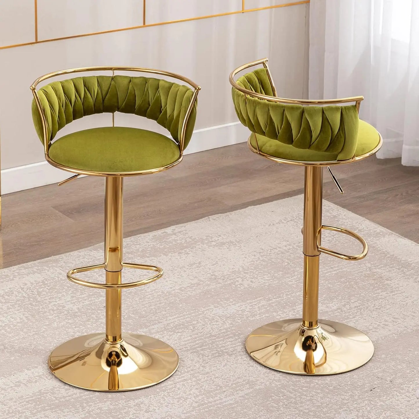 Swivel Bar Stools Set of 2, Velvet Adjustable Height Barstools Low Back Kitchen Island Counter with Golden Base Modern Bar Chair