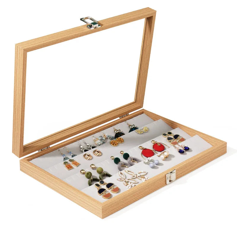 Wooden Jewelry Organizer Box With Glass  Lid For Earrings Necklace Storage Stand Case Ring Display Holder Showcase