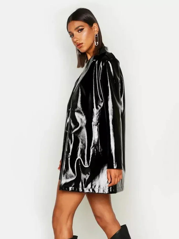 Women Shiny Patent Leather Blazer Suit Coat Lady Glossy PU Solid Color Trench Coat High Turn-down Collar Single Breasted Custom