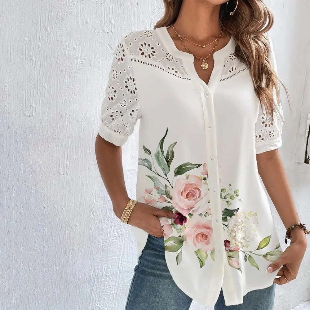 Temperament Casual Lace Woman Shirt Fashion Loose Shirt Woman Elegant Short Sleeve Blouse Holiday Weekend