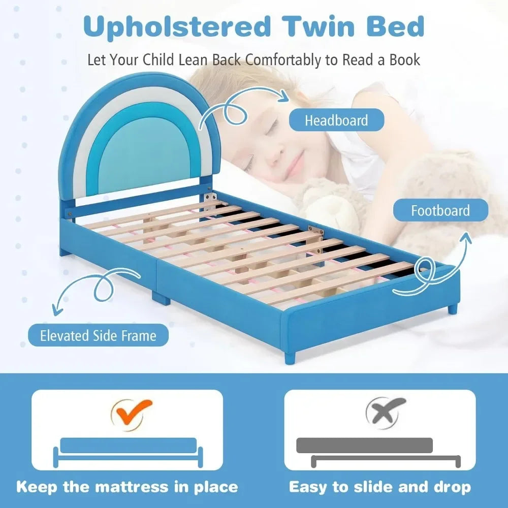 Children Beds, Twin Bed Frames for Kids, Upholstered Wooden Kids Bed w/Adjustable Headboard, Slats Support, 660 LBS Weight Cap