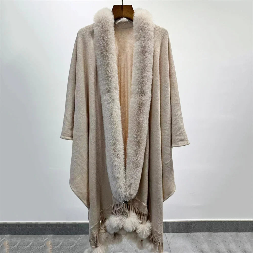 Winter Faux Rabbit Fur Ball Cloak Warm Thick Poncho Shawl Coat Women Big Pendulum Outer Wear Cardigan Long Pompon Cape