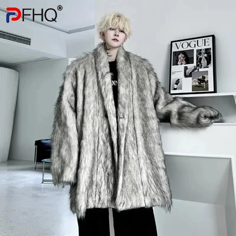 PFHQ Men's Faux Fur Coats Niche Design Solid Color Single Button Lapel Thickened Fleece Loose Long Male Trench New Autumn 9C8122