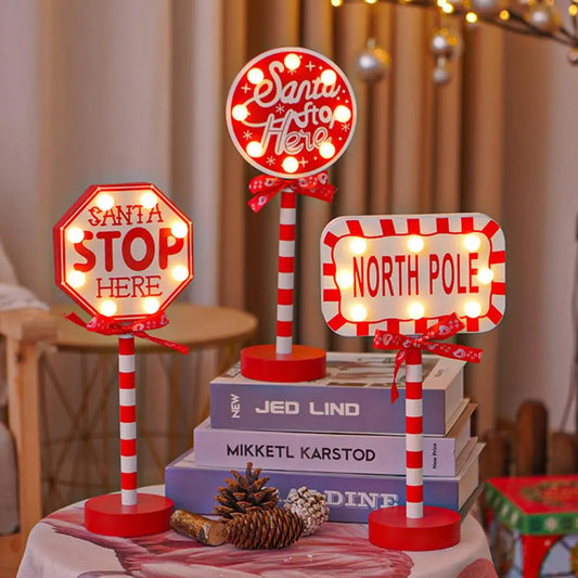 Holiday Home Decor Vintage Christmas Street Sign with Bowknot Santa Stop Here North Pole Letter Led Lamp Festive Holiday