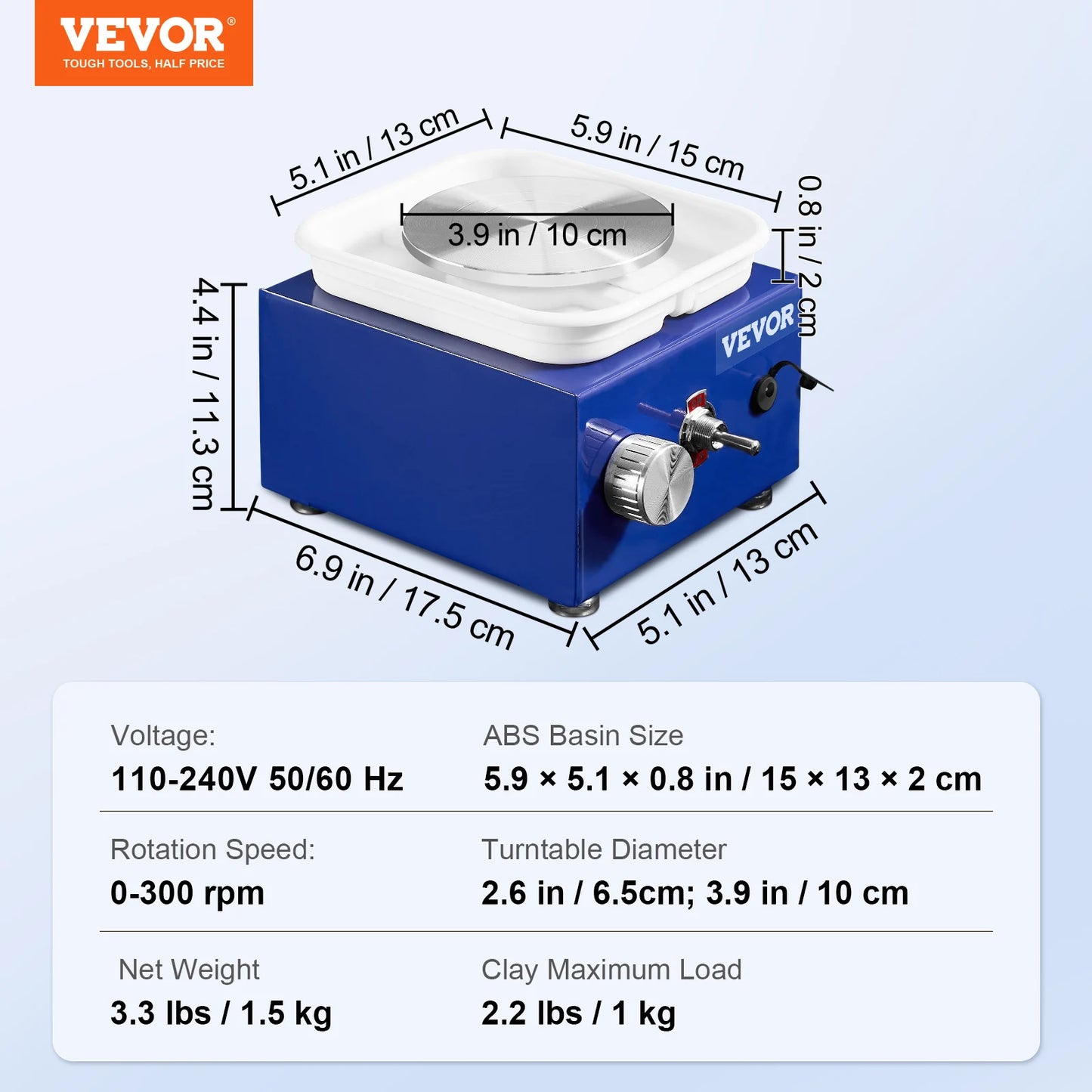 VEVOR 2.6in / 3.9in Mini Pottery Wheel 2 Turntables Ceramic Wheel Forming Machine Adjustable 0-300RPM Speed ABS Detachable Basin