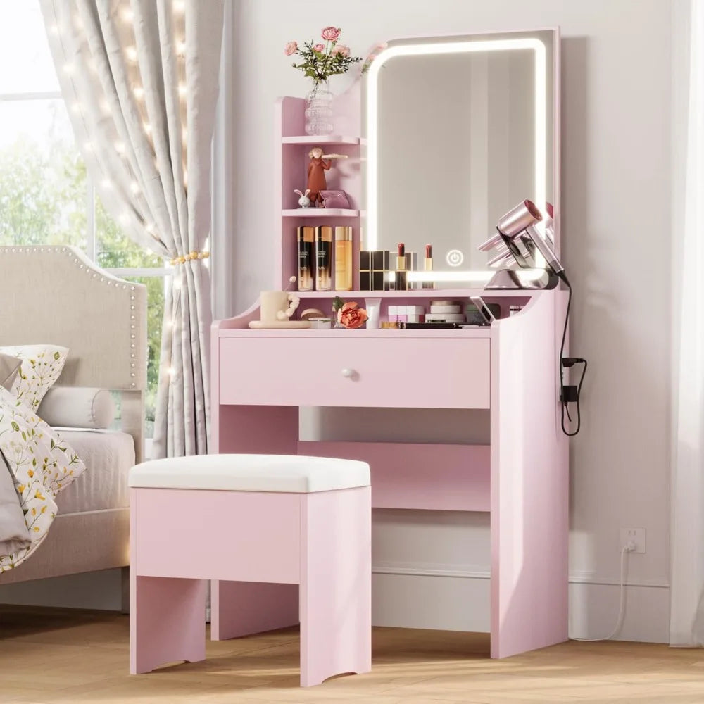 Small Makeup Vanity Desk with Mirror and Lights, Vanity Table Set with Storage Drawer, Chair and Three Shelves, Bedroom,Dressers