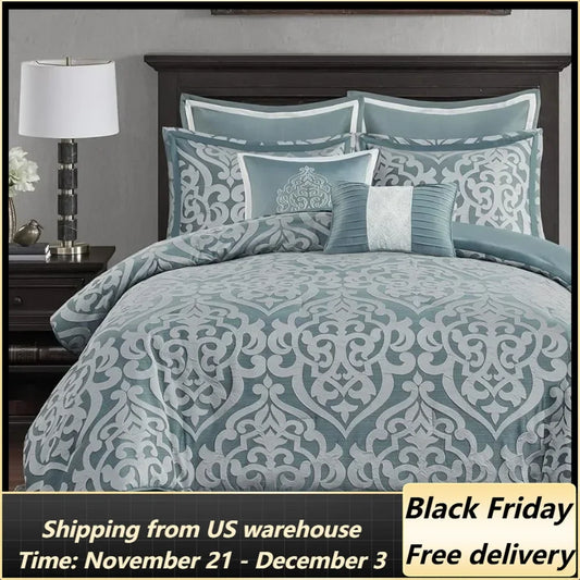 Cozy King Size Comforter Set Jacquard Damask Medallion Design Modern All Season,Down Alternative Bedding 104 in x 92 in Aqua