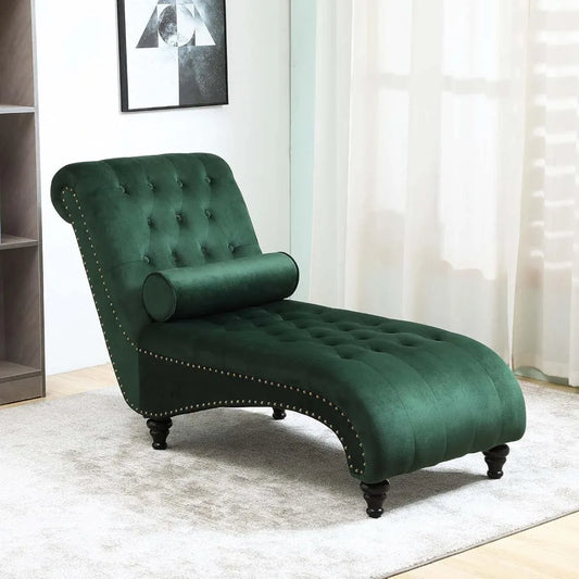 Velvet Button-Tufted Chaise Lounge Chair Leisure Sofa Chaise Chair w/Bolster Pillow, Nailhead Trim and Turned Legs Chaise Lounge